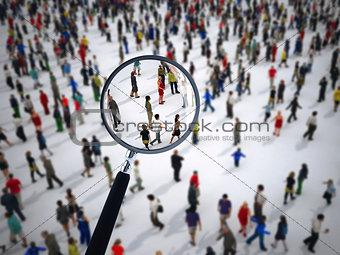 Magnifying glass on a large group of people. 3D Rendering