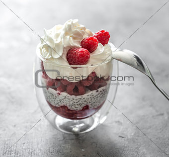 Dessert from yogurt with chia seeds and  raspberries