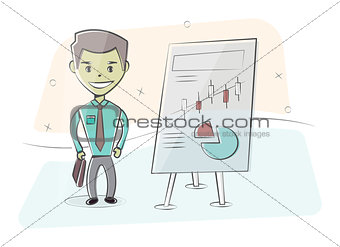 Businessman and graphs on white board. Presentation concept, seminar, training, conference. Character man in cartoon style.