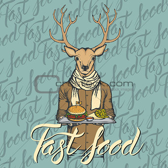 Vector Illustration of deer with burger and French fries