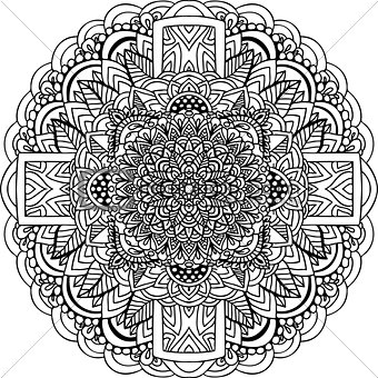 Abstract mandala ornament. Asian pattern. Black and white authentic background. Vector illustration.