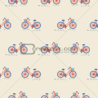 Retro bicycle with bin on the front wheel seamless pattern.
