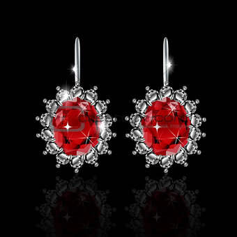 Golden earrings with ruby and diamonds