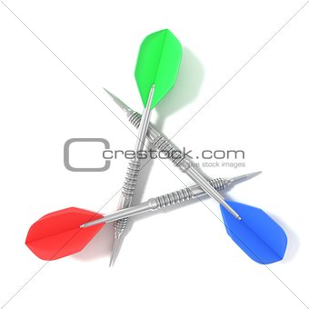 Set of darts arranged in triangle, isolated on white background.