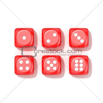 Set of red game dices, all numbers. Top view. 3D