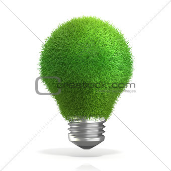 Concept of green energy. Grass on light bulb. 3D