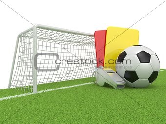 Football concept. Penalty (red and yellow) card, metal whistle a
