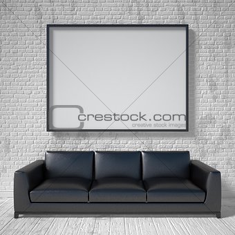 Mock up poster, black leather sofa. 3D