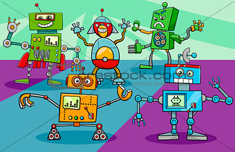 dancing robot characters group cartoon