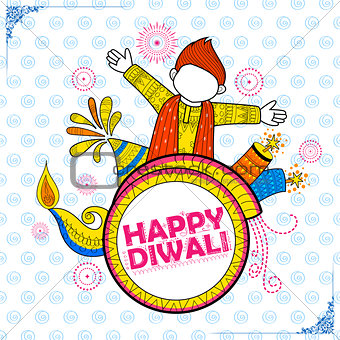 Kid celebrating happy Diwali Holiday doodle background for light festival of India