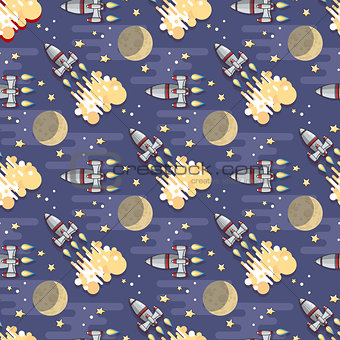 Cartoon  Space rocket. Vector celestial seamless pattern.