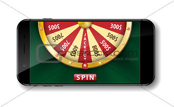 Gold realistic wheel of fortune with smartphone isolated on white. 3d Casino online lucky roulette vector illustration