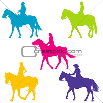 Colorful silhouettes of horse riders