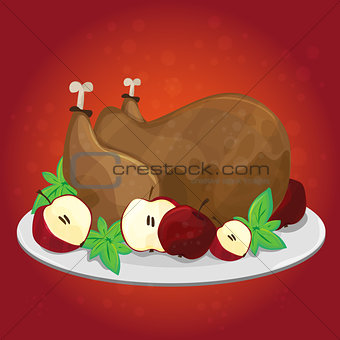 Thanksgiving day. Greeting card with turkey, apples - Vector cartoon