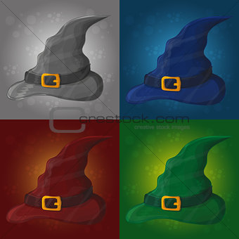 illustration of tall witch hat on abstract background - halloween card
