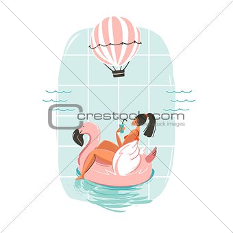 Hand drawn vector abstract fun summer time illustration card with girl swimming on pink flamingo float circle in blue ocean waves with modern calligraphy Best Summer isolated on white background