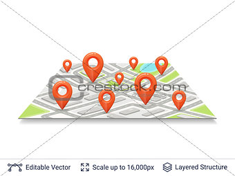 Abstract city plan with location pins.