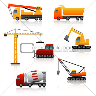 icon construction equipment   crane, scoop, mixer with reflectio