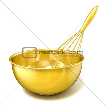 Golden bowl with a wire whisk. 3D