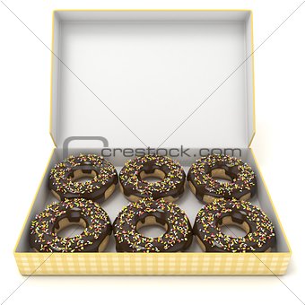 Box of chocolate donuts. Front view. 3D