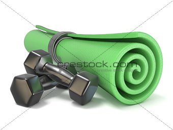 Green fitness mat and black weights. 3D
