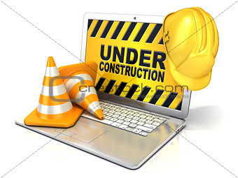 Laptop with safety helmet and traffic cones. 3D rendering - conc