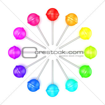Colorful lollipops, circle arranged. Top view. 3D