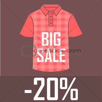 Red checkered polo shirt on a red background with a big sale and a twenty percent discount. Sale, cheap, offer