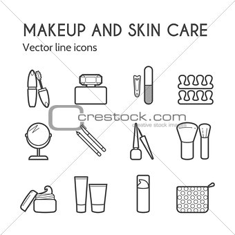 Vector cosmetic icons. Mascara, brush, perfume, cream and other make-up items. Makeup thin linear signs for manicure, pedicure and Visage.