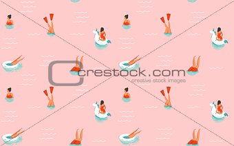 Hand drawn vector abstract cartoon summer time fun illustration seamless pattern with swimming people isolated on pink background