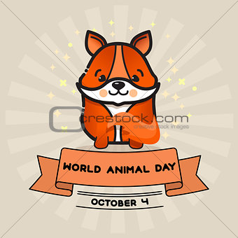 World animal day. Vector card with cute fox and ribbon.