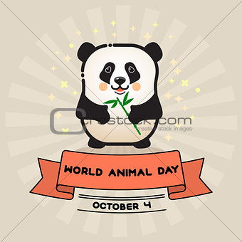 World animal day. Vector card with cute panda and ribbon.