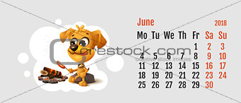 2018 year of yellow dog on Chinese calendar. Yellow fun dog fries sausage at fire stake. Calendar grid month June
