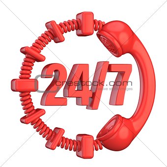 Red 24 hours a day and 7 days a week sign. 3D