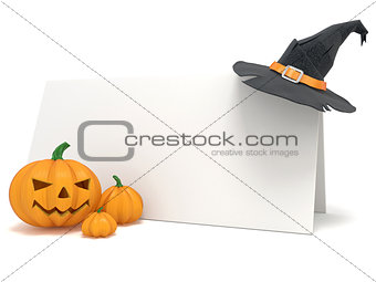 Halloween blank card, with witch hat and Jack O Lantern pumpkins