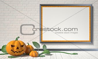 Jack O Lantern pumpkin, green leafs and mock up blank poster on 