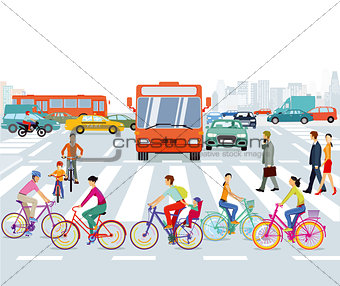City with cyclist and road traffic, illustration