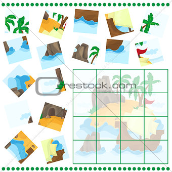 Jigsaw Puzzle game for Children Cartoon with Island and Ship