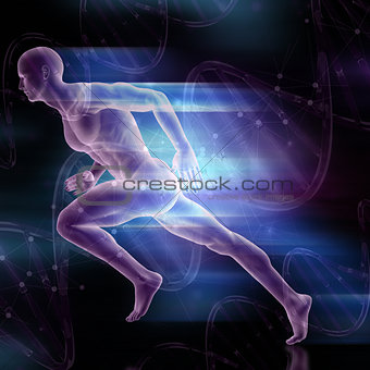 3D male figure sprinting on DNA strands background