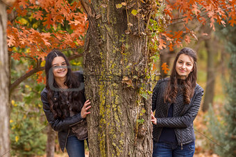 Two girls having fun in autumn park