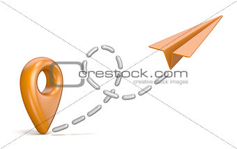 Orange map pointer and paper airplane. Traveling concept 3D