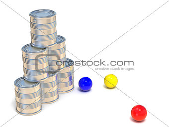 Tin cans and three balls. Side view. 3D