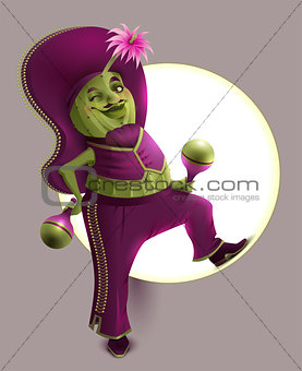 Green cactus male in Mexican national clothes holds maracas