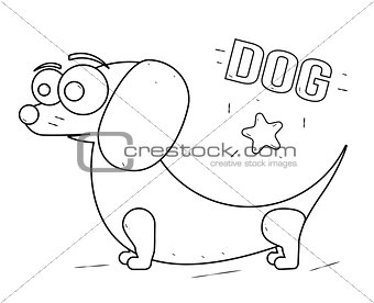 Funny and friendly cartoon dog. Coloring book for kids. Black and white line drawing.