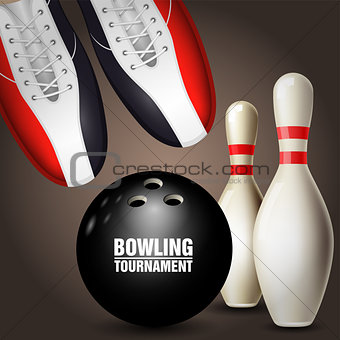 Bowling shoes, skittles and ball - bowling tournament poster