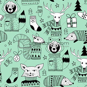 Vector Seamless Christmas Pattern with Doodle Animals in the Woo