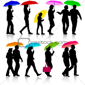Color silhouettes man and woman under umbrella. Vector illustrat