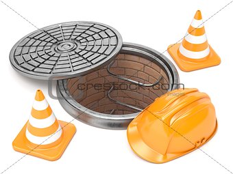 Manhole, traffic cones and safety helmet. 3D