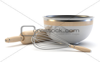 Wire whisk, wooden rolling pin and chrome bowl. 3D