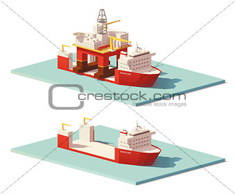 Vector low poly heavy lift ship and oil rig